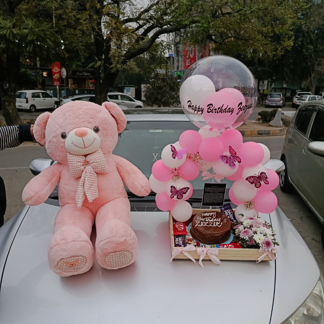 Pink Love Deal – Premium Teddy Bear, Flowers, Chocolates, Cake & Balloons