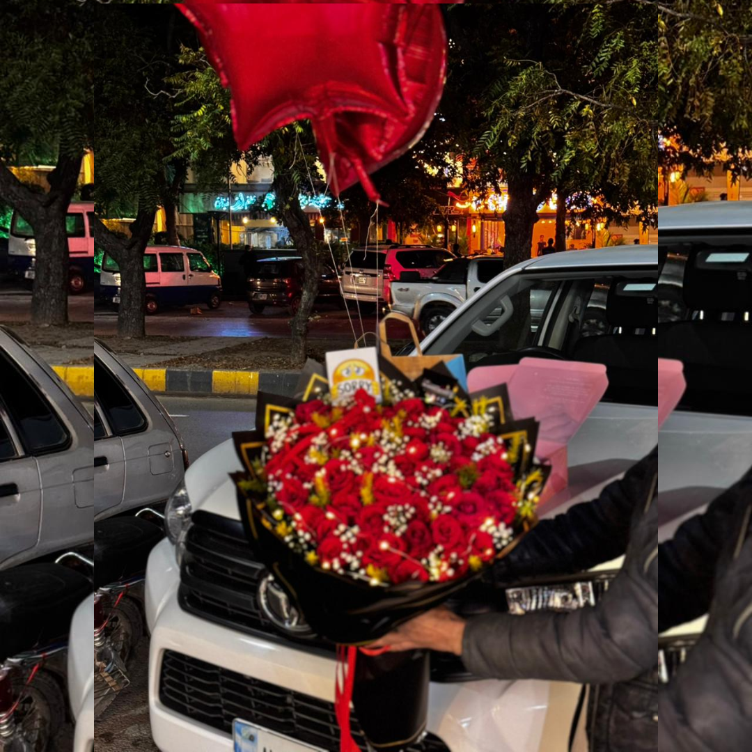 Romantic Celebration Combo – Red Roses, Cake, Brownies & Helium Balloons