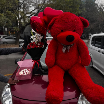 Romantic Giant Surprise – 6 Feet Red Teddy, Flower Bouquet, Cake & Helium Balloons