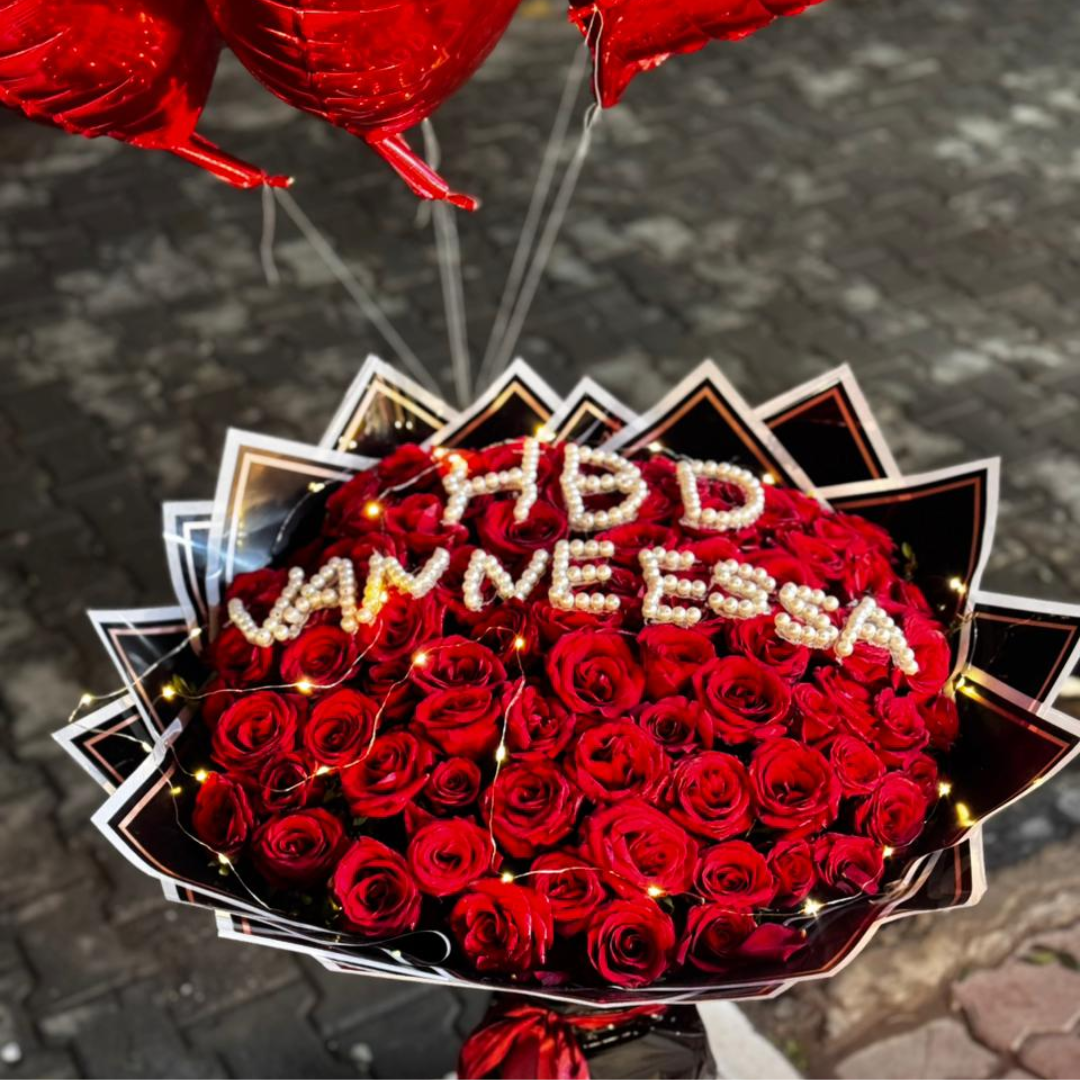 Imported Red Roses Bouquet with Name & Heart Balloons