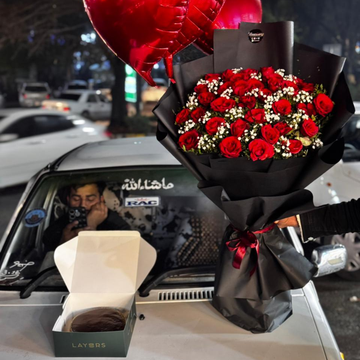 Red Roses Bouquet with Baby’s Breath, Cake & Heart Foil Balloons – Valentine Gift in Islamabad