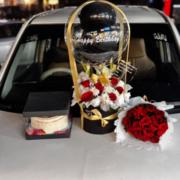 Flower Balloons, Red Roses Bouquet & Cake – Valentine Gift Delivery in Islamabad