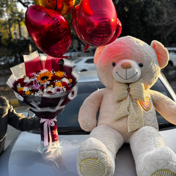 6 Feet Teddy with Imported Red Roses Bouquet & Heart Foil Balloons – Valentine Gift