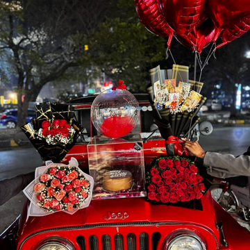 Three Rose Bouquets with Picture Bouquet, Cake in Acrylic Box & Customized Balloon – Valentine Gift