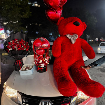 Red 6 Feet Teddy Bear Balloon Box with Red Roses Bouquet, Cake & Heart Foil Balloons – Valentine Gift