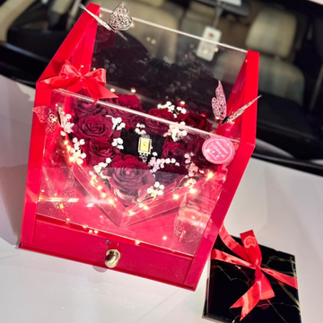 Transparent Heart Box with Red Roses, Watch & Drawer Full of Chocolates – Valentine Gift