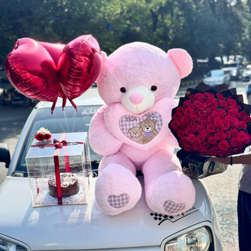 4 Feet Teddy Bear with Red Roses Bouquet, Cake in Acrylic Box & Balloons – Valentine Gift