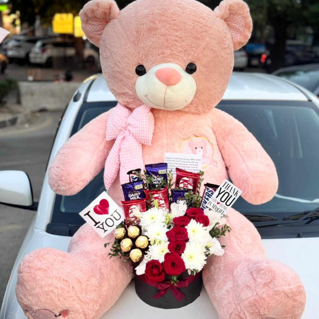 6 Feet Pink Teddy Bear with Flower & Chocolate Basket – Valentine Gift