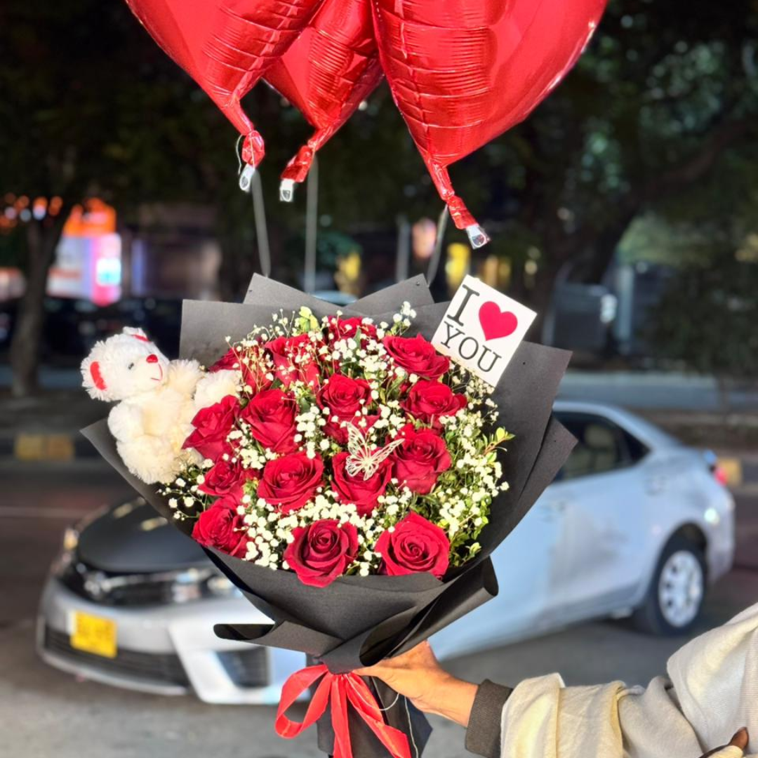 Long Stem Imported Red Roses Bouquet with Baby’s Breath, Mini Teddy, Balloons & “I Love You” Card – Gift for Wifey
