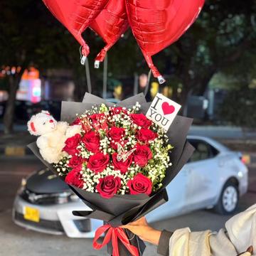 Long Stem Imported Red Roses Bouquet with Baby’s Breath, Mini Teddy, Balloons & “I Love You” Card – Gift for Wifey