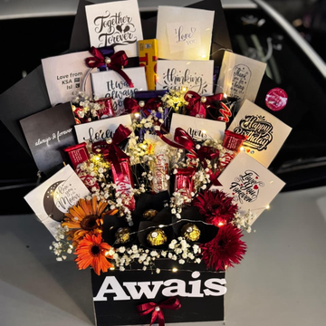 Well-Arranged Flower & Chocolate Box with Love Notes – Valentine Gift for Her