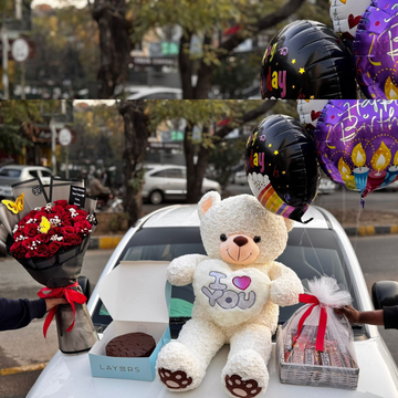Love Special – Teddy, Chocolate Basket, Cake & Flower Bouquet