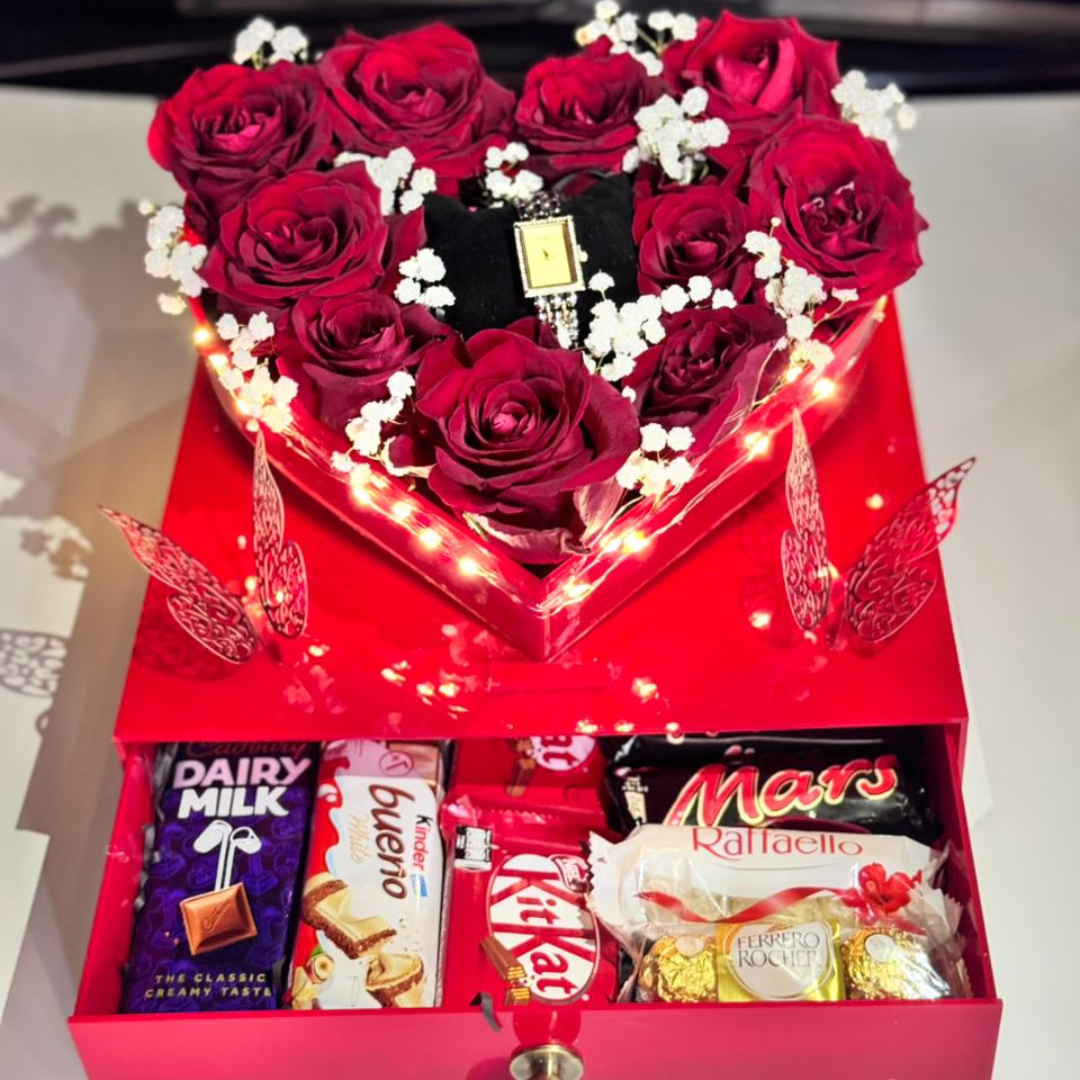 Transparent Heart Box with Red Roses, Watch & Drawer Full of Chocolates – Valentine Gift
