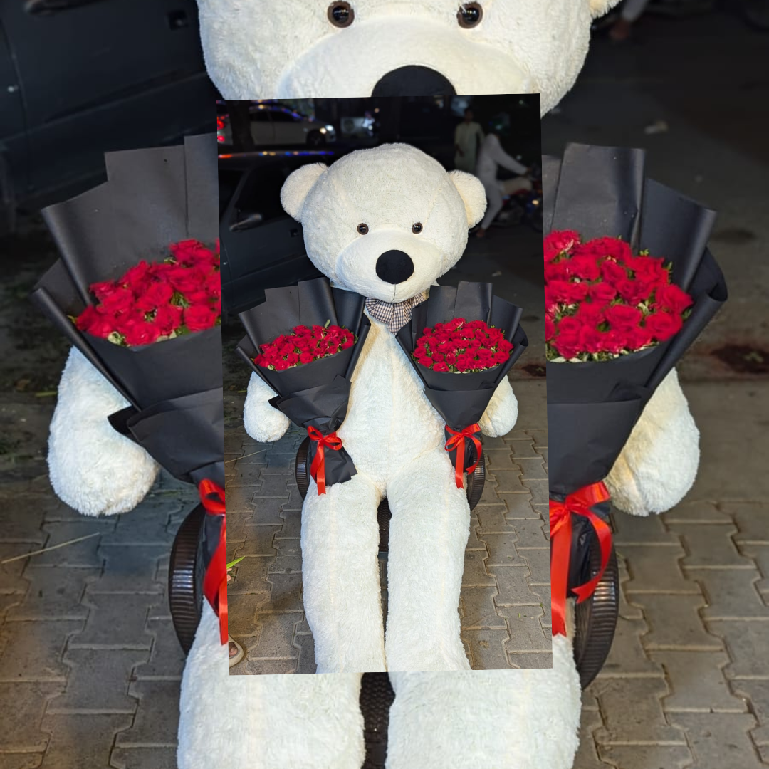 Huggable Elegance: 6-Feet Teddy with Mini Bouquets
