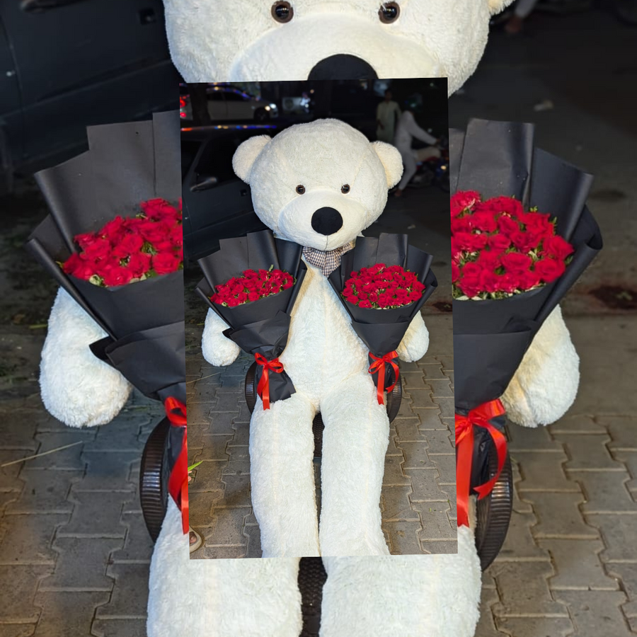 Huggable Elegance: 6-Feet Teddy with Mini Bouquets