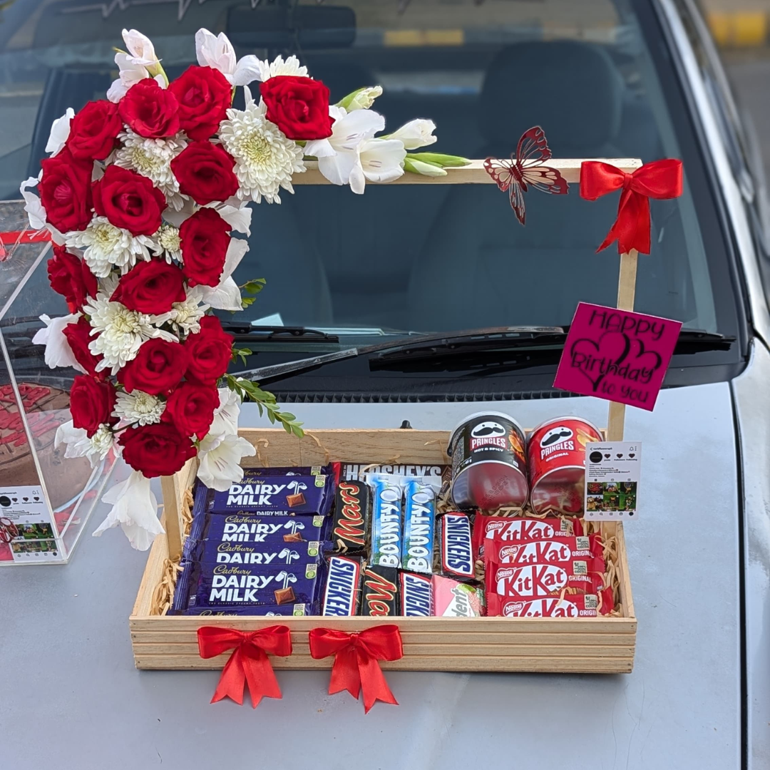 Her Favourite Chocolates🍫 Snacks GiftBasket With Fresh Flowers💐