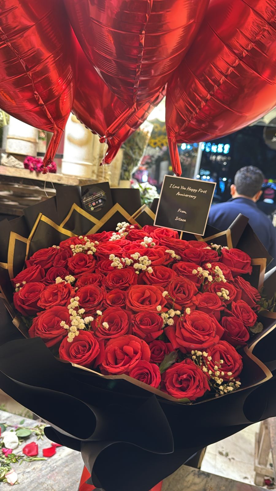 mported Red Roses Bouquet with Heart Foil Balloons