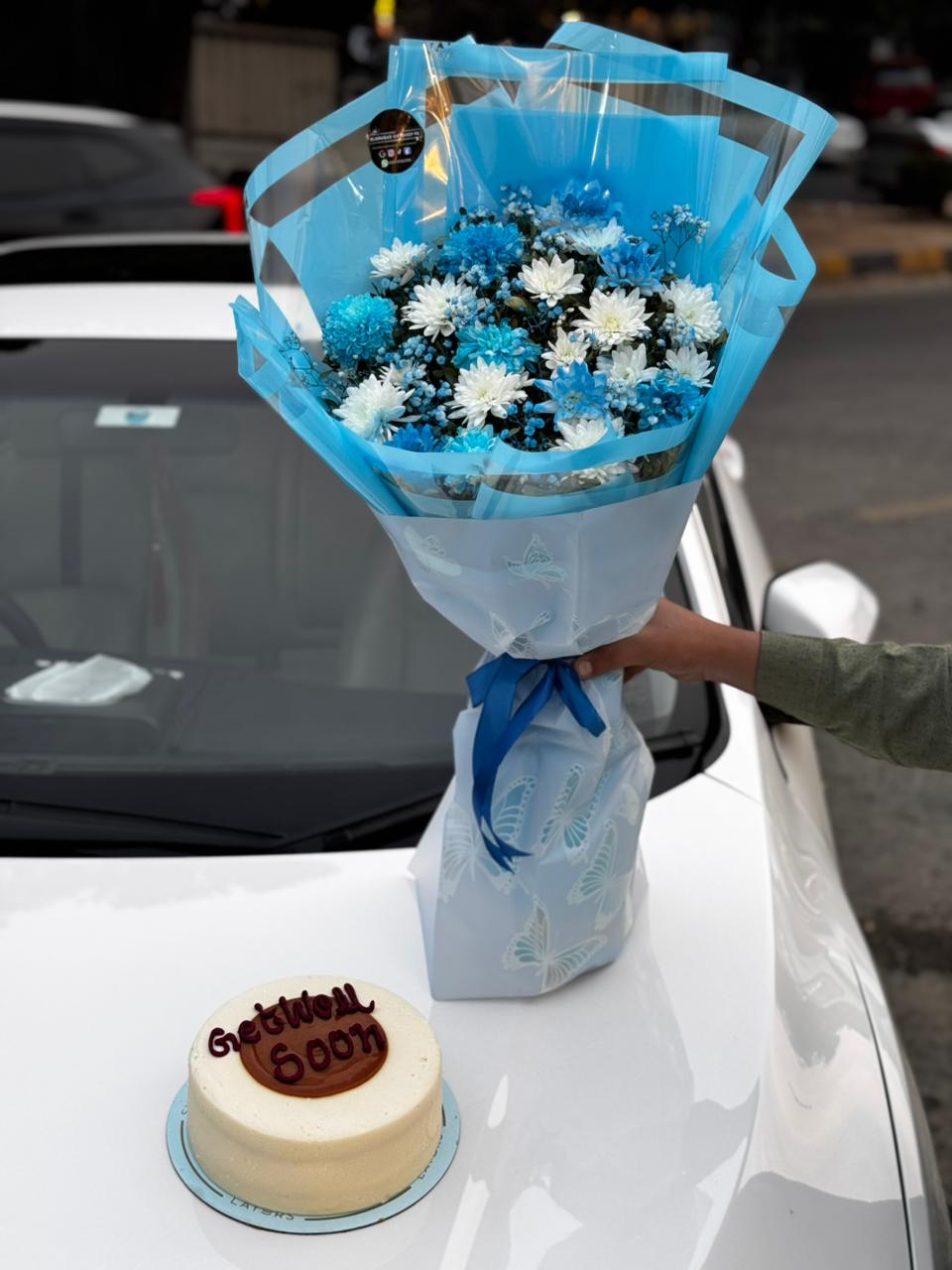 Chrysanthemum Bouquet for Him with Birthday Cake