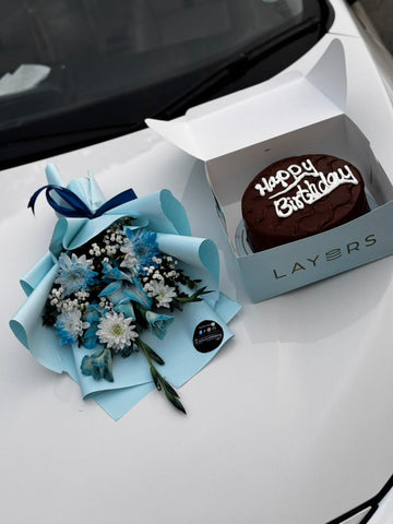 Chrysanthemum Bouquet for Him with Birthday Cake