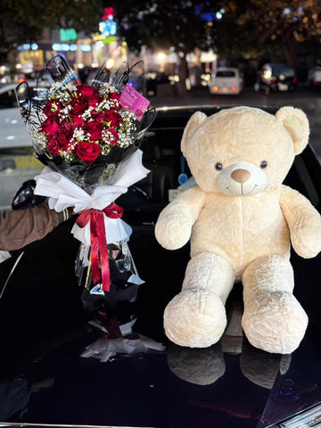 Premium Red Roses Bouquet with Baby’s Breath & 3.5-Feet Teddy Bear 🧸