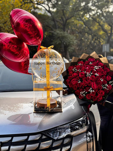 Premium Red Roses Acrylic Box Gift Package with Cake & Heart Foil Balloons