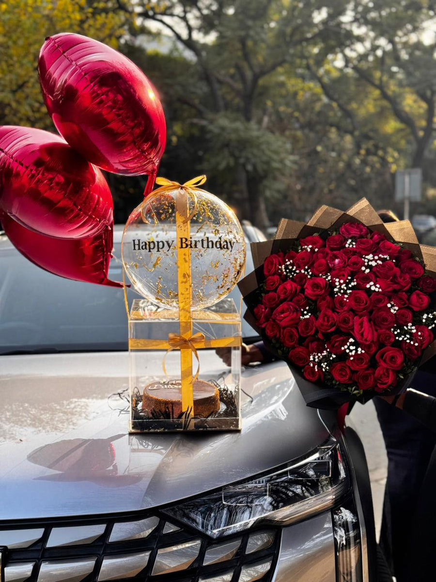 Premium Red Roses Acrylic Box Gift Package with Cake & Heart Foil Balloons