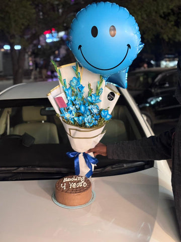 Gladiolus Bouquet with Smiley Balloon & Birthday Cake