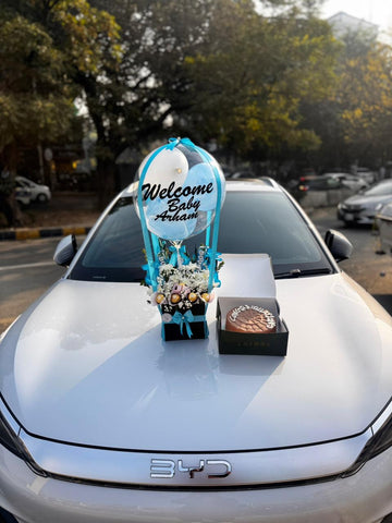 Happy Birthday Balloon Arrangement with Celebration Cake